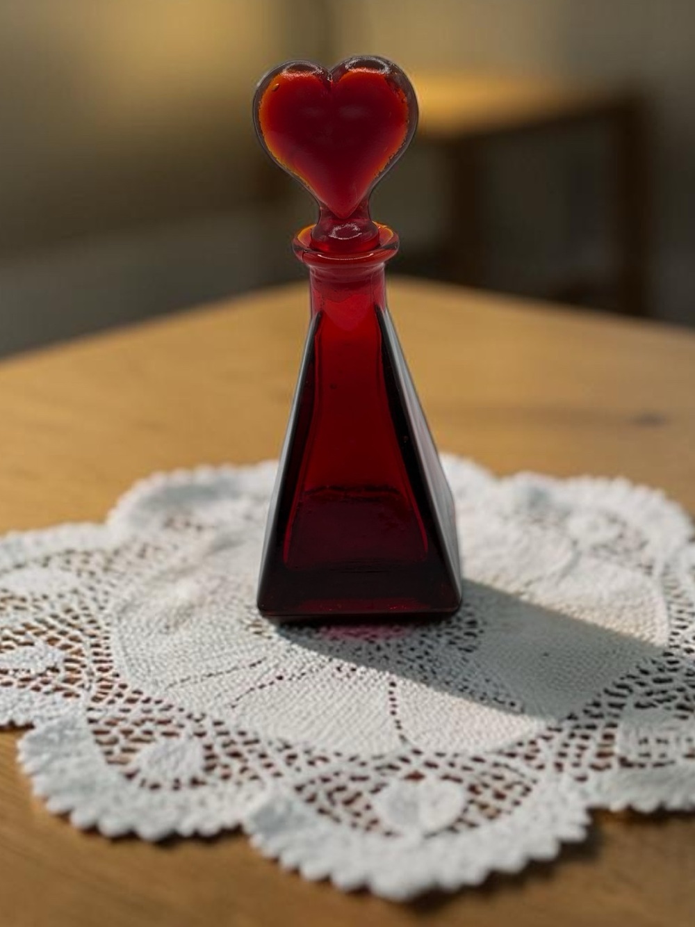VTG Ruby Red Art Glass Bottle W/ Heart Shaped Stopper Triangle Base Glows 6.5”